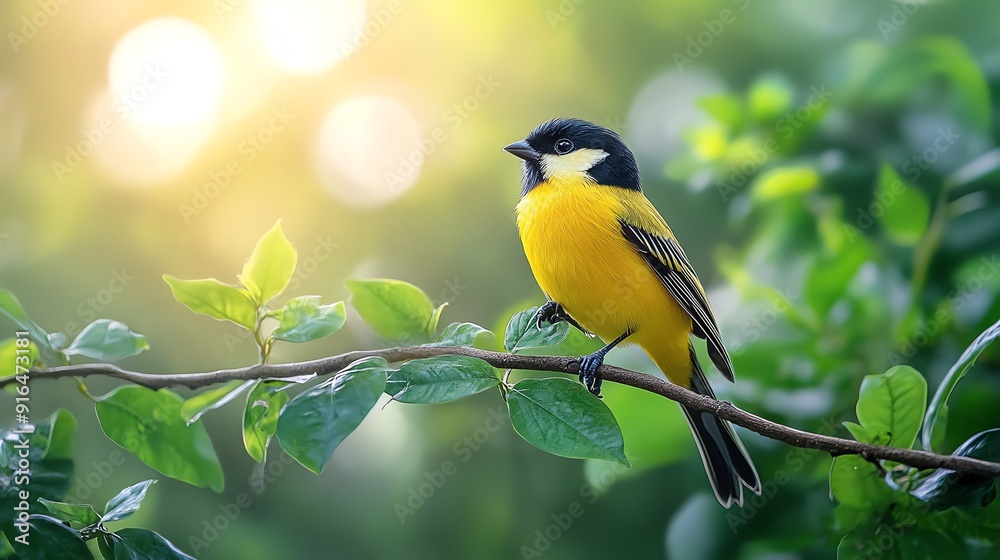 Fototapeta premium A yellow and black bird perches on a branch, bathed in soft sunlight.