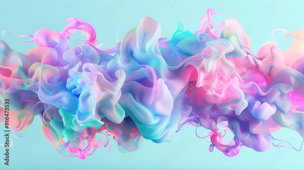 A multicolored liquid floats in the air on a blue background against a light blue sky A multicolored liquid floats in the air on a blue background against a light blue sky
