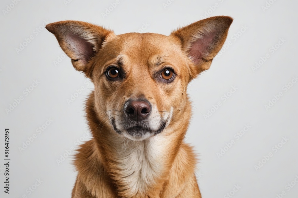 Studio headshot portrait of smiling senior mixed breed fawn colored dog against a white background Studio headshot portrait of smiling senior mixed breed fawn colored dog against a white background