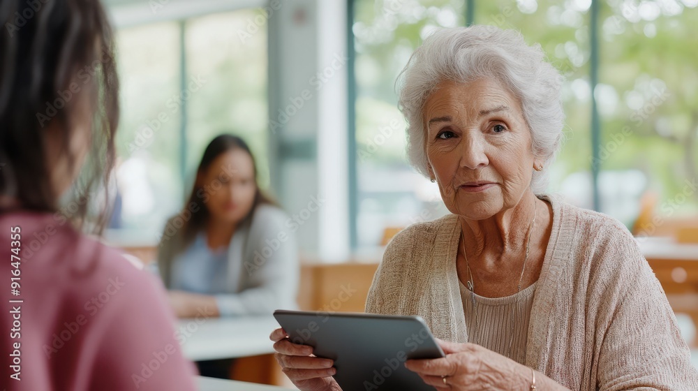 A peaceful and focused scene where an elderly woman is attending a technology class for seniors, sitting at a table with a tablet, a patient instructor explaining the features of the device, the room A peaceful and focused scene where an elderly woman is attending a technology class for seniors, sitting at a table with a tablet, a patient instructor explaining the features of the device, the room
