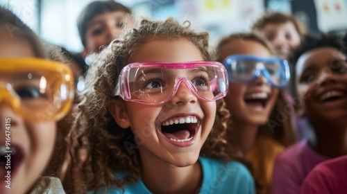 A lively and colorful scene where a group of elementary school students are engaged in a fun and interactive science experiment, wearing safety goggles and eagerly participating in the activity, the