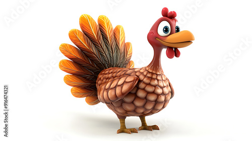 A charming cartoon turkey with vibrant, colorful feathers, perfect for Thanksgiving themes, holiday decorations, and festive illustrations. photo