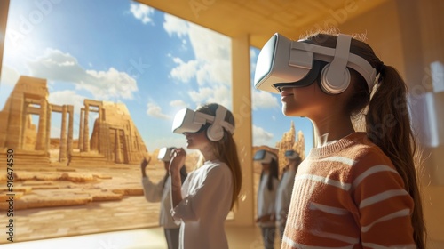 A vibrant and modern classroom where students are using VR headsets to explore a virtual ancient civilization, the room filled with awe and excitement as they interact with the virtual environment,