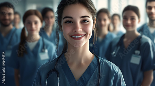 A depiction of a group of joyful nursing students at the teaching hospital.Generative AI