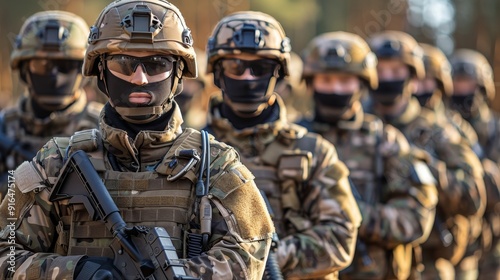 Us army soldiers in formation at city ceremony, rear view, with cropped top section for focus