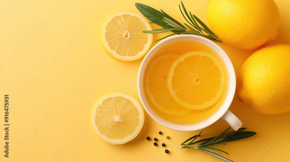 A yellow background features a cup of tea with lemons and rosemary, accompanied by a couple of sliced lemons A yellow background features a cup of tea with lemons and rosemary, accompanied by a couple of sliced lemons