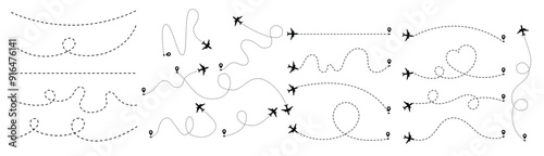 Dotted airplane trajectories cartoon illustration set. path or way of plane, aircraft of jet in shape of heart, line or circles with destination point or location mark. travel, distance, route concept