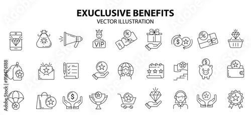 Exclusive benefit icons loyalty program line icon set with star diamond vip client gift voucher.