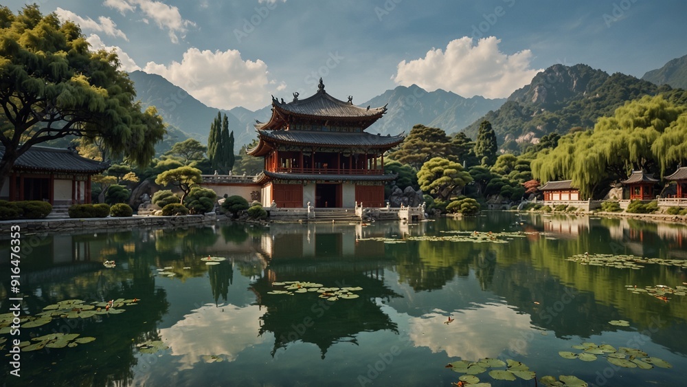 An ancient Chinese palace garden with koi swimming in a lotus pond. The pavilion and towers by the pond are quaint and classical, with majestic mountains and lush bamboo forests in the background. An ancient Chinese palace garden with koi swimming in a lotus pond. The pavilion and towers by the pond are quaint and classical, with majestic mountains and lush bamboo forests in the background.
