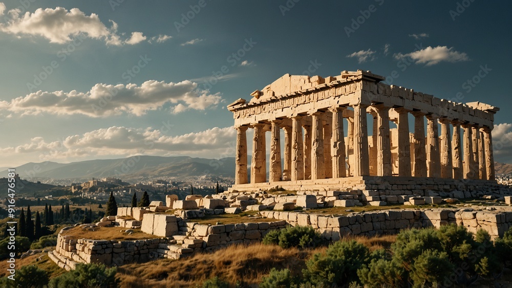 Fototapeta premium The Acropolis of ancient Greece, with the Parthenon shining in the sunlight. The surroundings are filled with green olive trees and hills, and a few white clouds float in the sky.