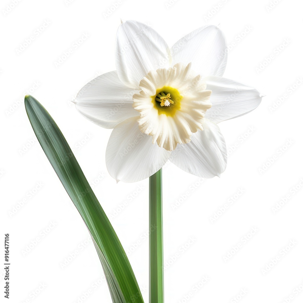 Single white daffodil with green leaf isolated.