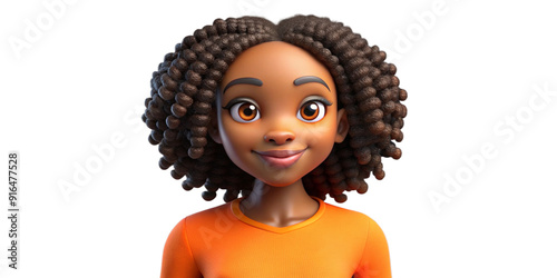 Slightly smiling African cartoon character young woman female person wearing orange top in 3d style design on light background. Human people feelings expression concept
