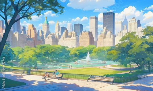 Enchanting Central Park Ice Skating Fantasy: Anime-Style Winter Wonderland in New York. Dreamy 4K Digital Art Blending Urban Charm and Magical Snowy Scenery, Perfect for Tourism Promotion, Holiday Mar