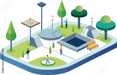 A modern park design showcases various recreational areas with people engaging in outdoor activities.