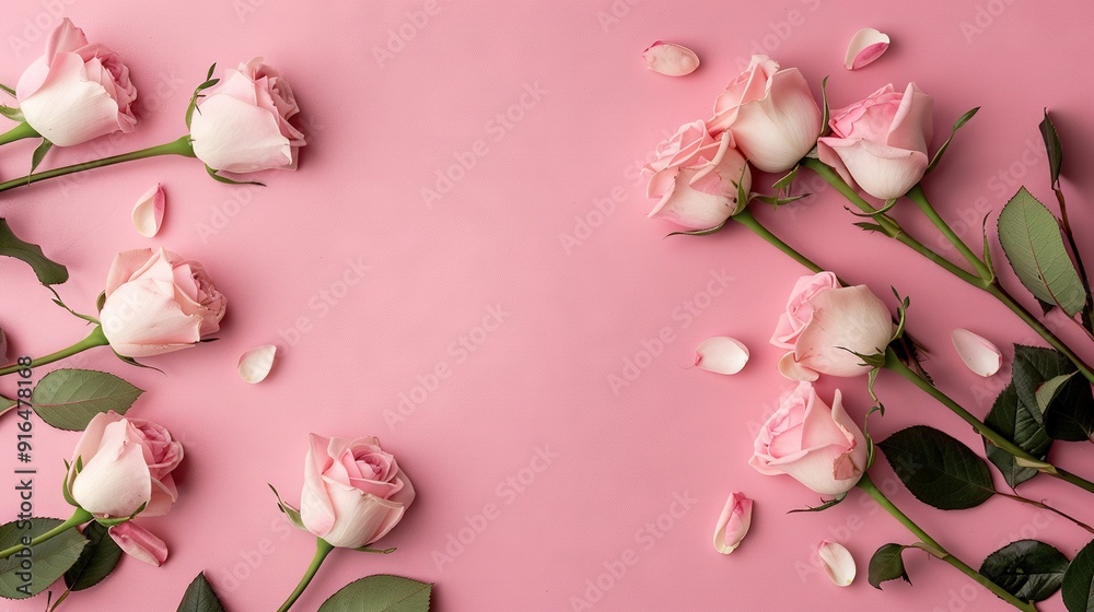 A bouquet of pink and white roses on a pink backdrop, surrounded by green foliage and vibrant petals A bouquet of pink and white roses on a pink backdrop, surrounded by green foliage and vibrant petals