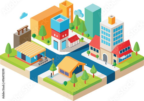 Isometric view of a vibrant city featuring various buildings and lush trees, showcasing urban life and greenery.