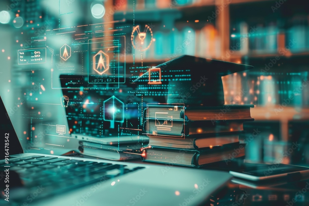 Abstract concept of e-learning with digital devices and online courses, representing virtual education Abstract concept of e-learning with digital devices and online courses, representing virtual education