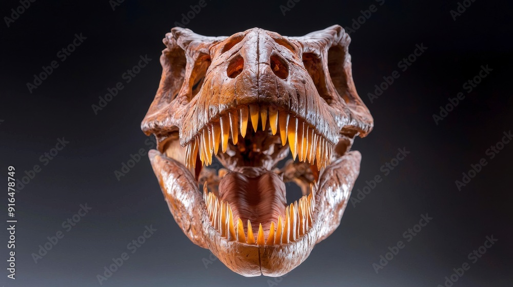 A close-up of a Tyrannosaurus Rex skull with sharp teeth. The skull is displayed on a dark background. A close-up of a Tyrannosaurus Rex skull with sharp teeth. The skull is displayed on a dark background.