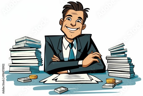 Confident Businessman Sitting at a Desk with Stacks of Money and Documents