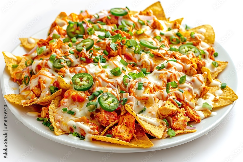 Plate of spicy buffalo chicken nachos on a white background
