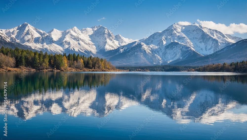 Majestic mountain range with snowcapped peaks reflecting on a clear blue lake under a sunny sky. Majestic mountain range with snowcapped peaks reflecting on a clear blue lake under a sunny sky.