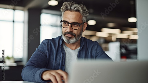 Portrait of an attractive mature man with glasses, grey hair and short beard sitting in front of his laptop working at the office. photo