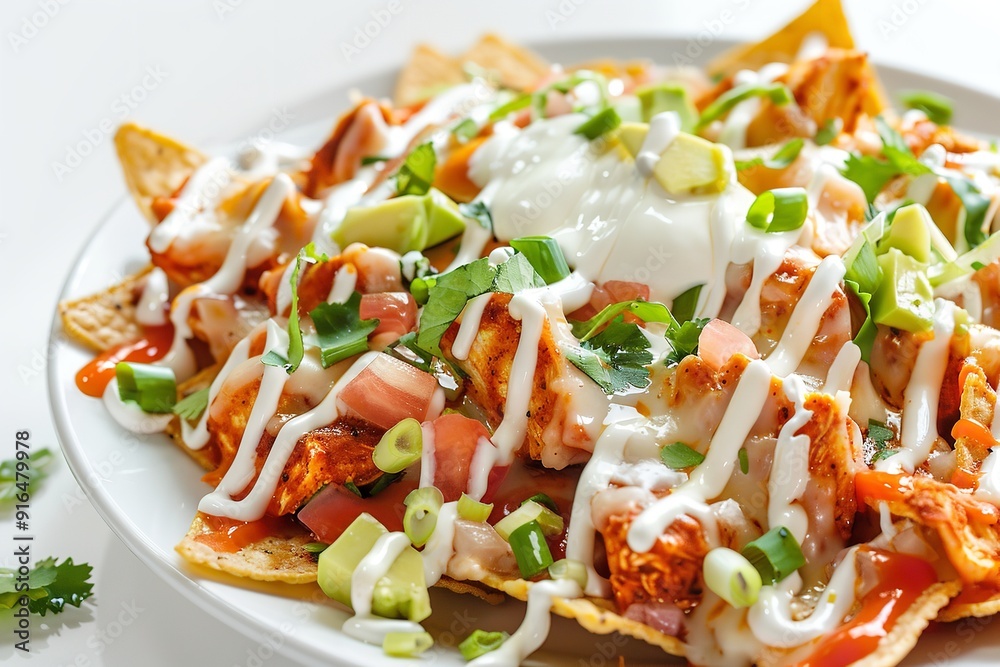 Plate of spicy buffalo chicken nachos on a white background Plate of spicy buffalo chicken nachos on a white background