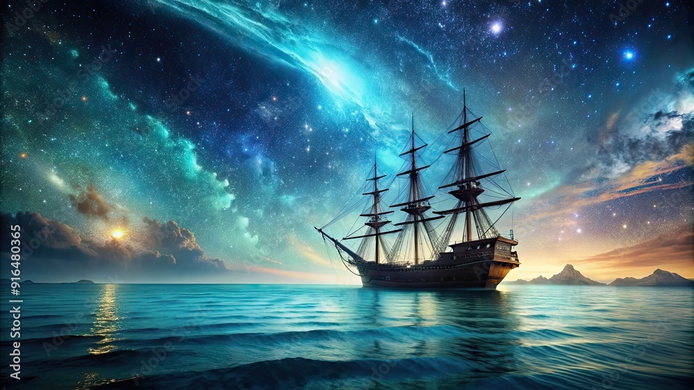 Pirate ship sailing into a bioluminescent sea under a galaxy-filled sky, pirate, ship, sailing, bioluminescence, sea, ocean Pirate ship sailing into a bioluminescent sea under a galaxy-filled sky, pirate, ship, sailing, bioluminescence, sea, ocean