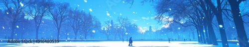 Enchanting Central Park Winter Wonderland: Anime-Style Ice Skating Fantasy in New York. Dreamy 4K Digital Art Blending Urban Magic and Snowy Scenery, Perfect for Holiday Marketing, Tourism Promotion, 