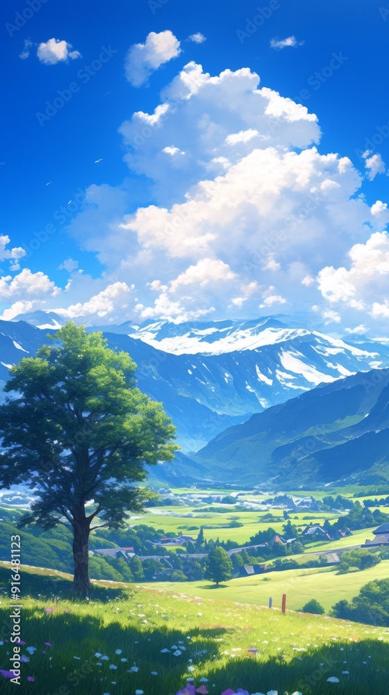 Obraz premium Enchanting Alpine Winter Wonderland: Anime-Style Snowy Mountain Paradise. Dreamy 4K Digital Art Blending Serene Nature and Magical Scenery, Perfect for Holiday Marketing, Tourism Promotion, and Season