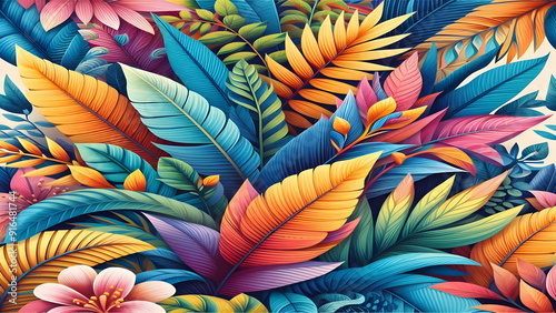 Wallpaper Mural Colorful tropical floral leaves overlapping Torontodigital.ca