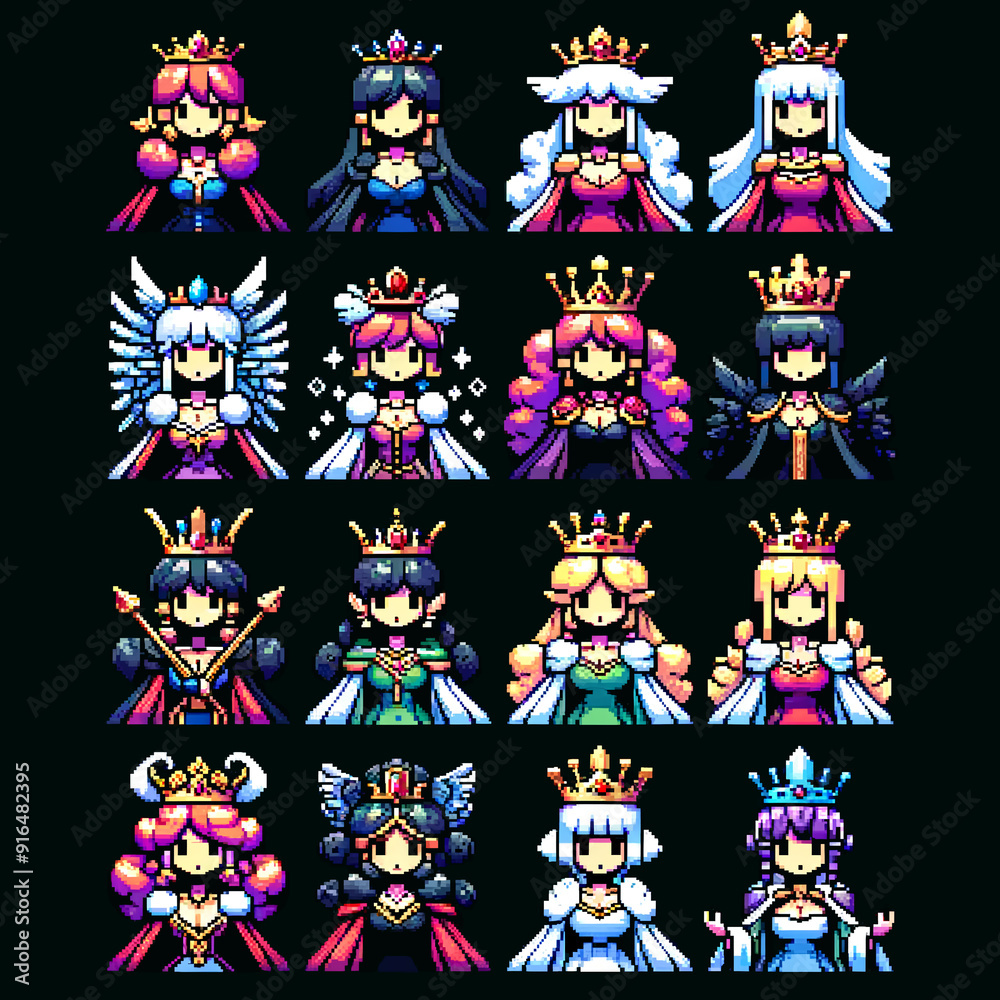 Fototapeta premium Pixel Art RPG Queens Icon Set