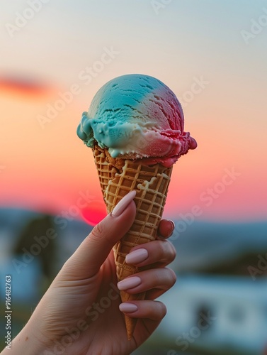 Summer Bliss: Hand Holding a Scoop of Ice Cream Against a Sunset Sky