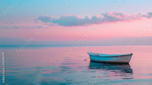 A small boat floating on the calm sea, surrounded by soft pastel colors of pink and blue sky at dusk, creating an atmosphere of tranquility and romance. 