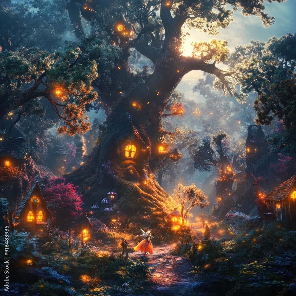 A fantasy forest scene, with a magical creature and a hidden fairy village, vibrant colors By Generated AI A fantasy forest scene, with a magical creature and a hidden fairy village, vibrant colors By Generated AI