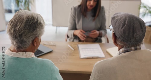 Senior, couple and lawyer with contract for reading or legal consultation, will writing and power of attorney for estate. People, talking and documents for trust establishment and retirement planning