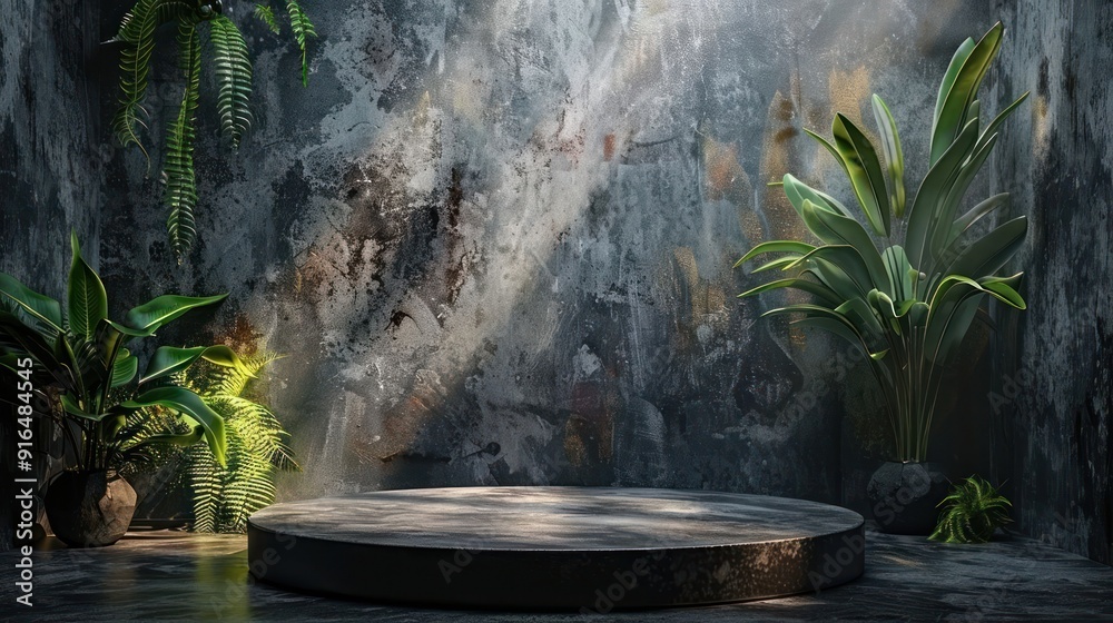 A small, round, concrete platform with a plant on it A small, round, concrete platform with a plant on it