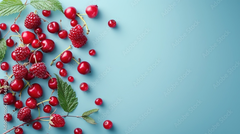 Raspberries and leaves on a blue background with Berries in the center Raspberries and leaves on a blue background with Berries in the center