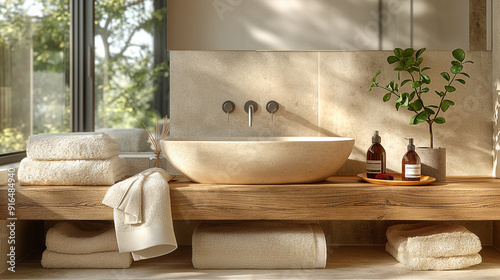 Closeup lavatory in bathroom with hand soap and towels interior design Scandinavian style