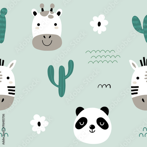 Seamless childish pattern with cute animal faces for fabric, wrapping, textile, wallpaper, apparel. Vector illustration photo