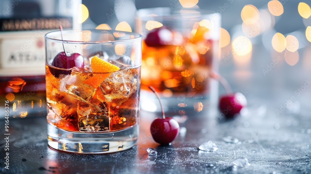   A macro shot of a drink in a frosted glass with cherries resting on a wooden table under soft diffused lighting