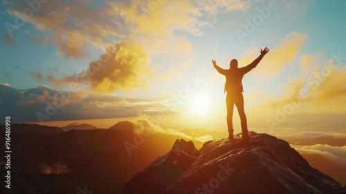 Silhouette of successful businessman keeping hands up hiking on the top of mountain. Celebrating success, winner and leader concept