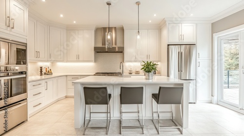 Wallpaper Mural Sleek kitchen with white cabinets, large island, and stainless steel appliances. The modern design emphasizes functionality and style in a clean, bright space. Torontodigital.ca