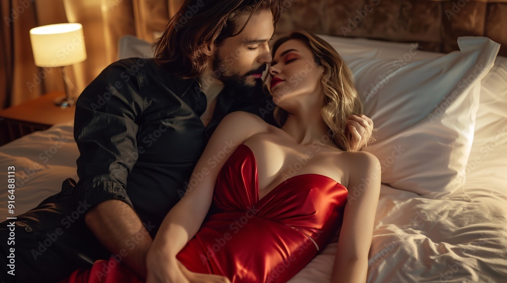 A couple shares an intimate embrace on a bed, surrounded by soft lighting, capturing a private and romantic moment between them