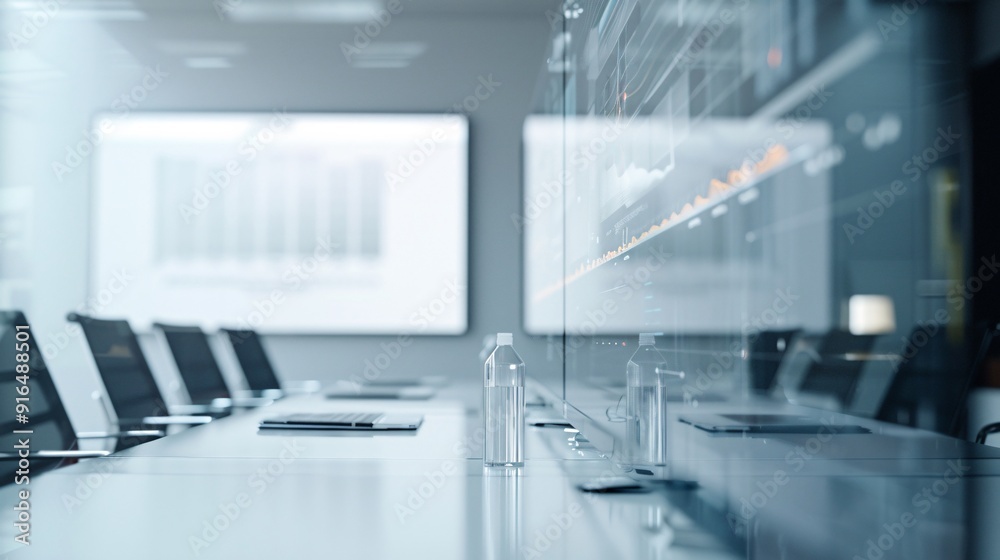 Naklejka premium A high-resolution photo of a business meeting in a clean, modern conference room with a large screen, engaging and professional,