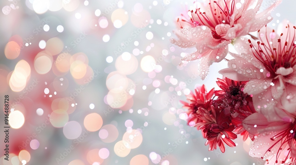   A macro of several blossoms adorned with droplets and hazy ambiance behind