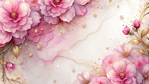Fototapeta Naklejka Na Ścianę i Meble -  Elegant pink flowers alcohol ink background with gold glitter elements , pink, flowers, elegant, alcohol ink, background