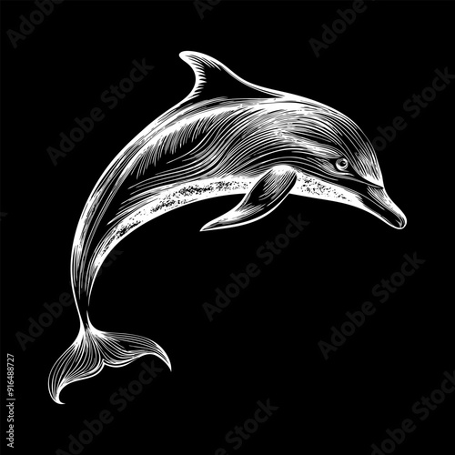 Cute dolphin sketch hand drawn engraving style Vector illustration