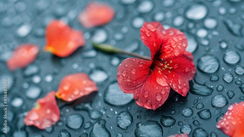 A red flower on top of a table, surrounded by raindrops and a similar red flower A red flower on top of a table, surrounded by raindrops and a similar red flower