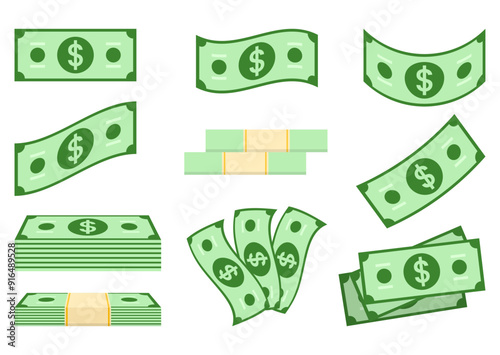 Flat flying dollar cartoon collection business clipart illustration vector